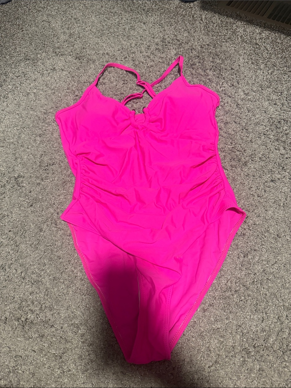 Hot Pink One-Piece Swimsuit with Strappy Back. Tummy control